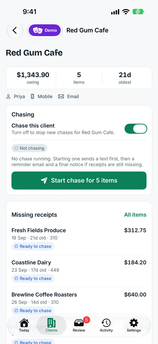 LedgerBuddy for iPhone, client screen in demo mode for a sample cafe: amount owing, five missing receipts listed by supplier with dates and amounts, and a Start chase button. Sample data.