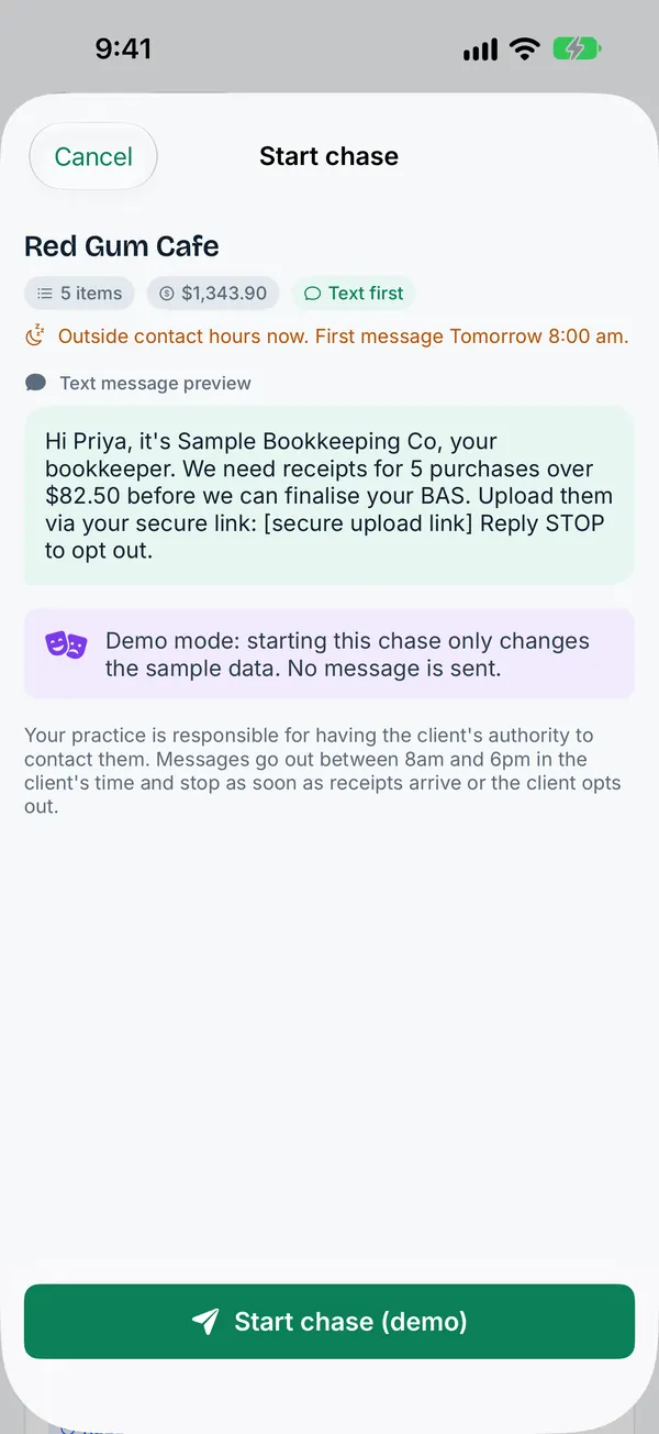 LedgerBuddy for iPhone, Start chase screen in demo mode: a preview of the text message a client will receive, with the practice name, secure upload link and opt-out. Sample data.