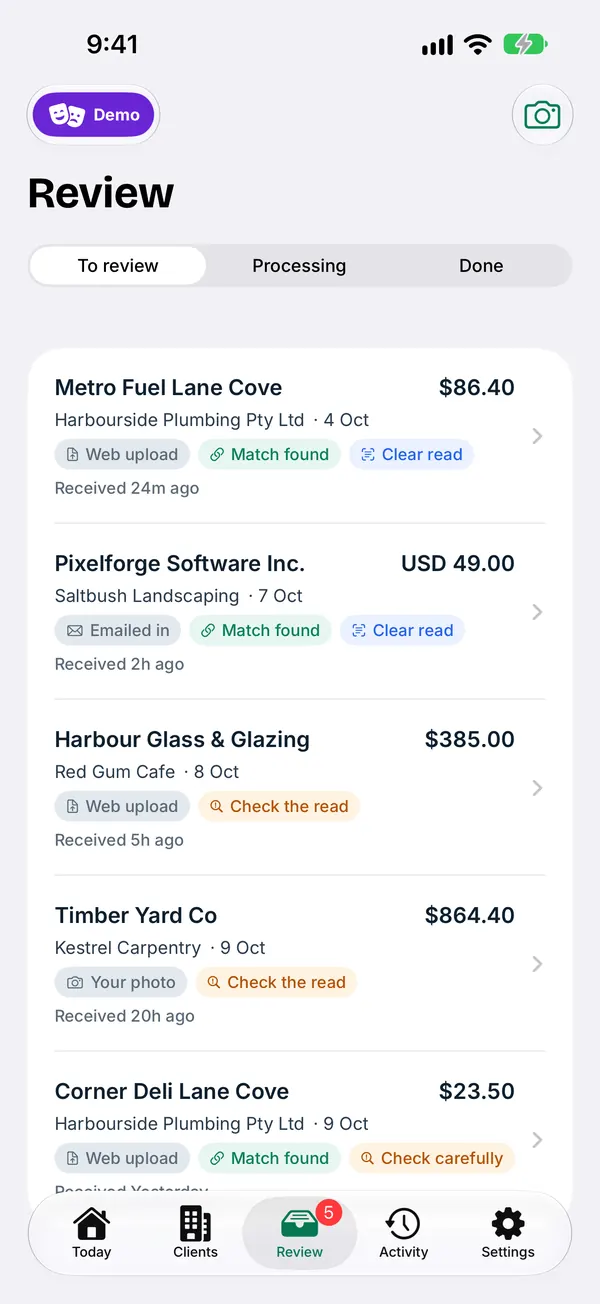 LedgerBuddy for iPhone, Review screen in demo mode: receipts from clients waiting for review, with match found and AI read labels. Sample data.