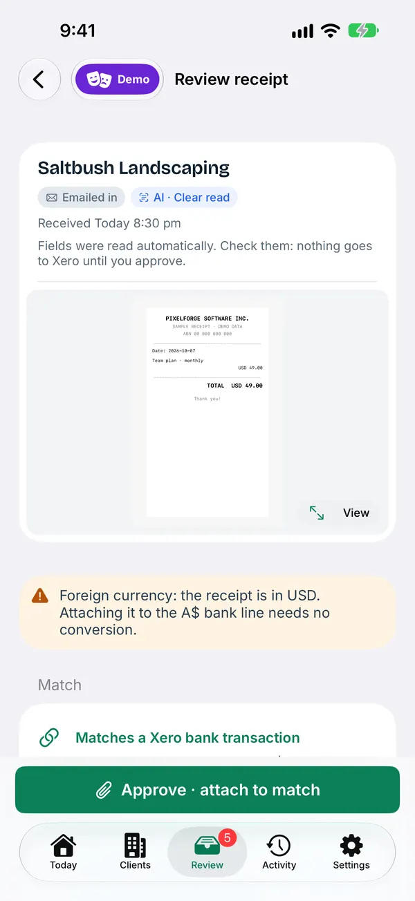 LedgerBuddy for iPhone, Review receipt screen in demo mode: an uploaded receipt matched to a Xero bank transaction, a foreign currency note, and an Approve and attach to match button. Sample data.