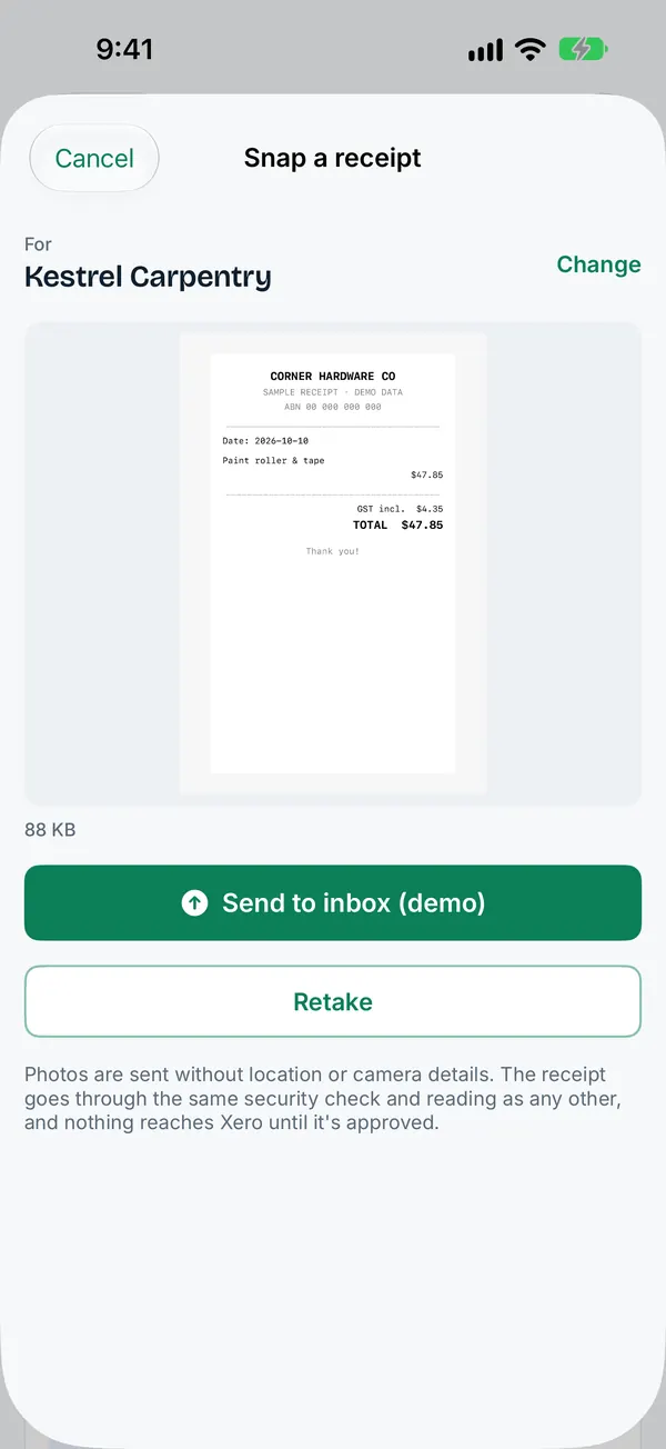 LedgerBuddy for iPhone, Snap a receipt screen in demo mode with a photographed receipt ready to send. Sample data.