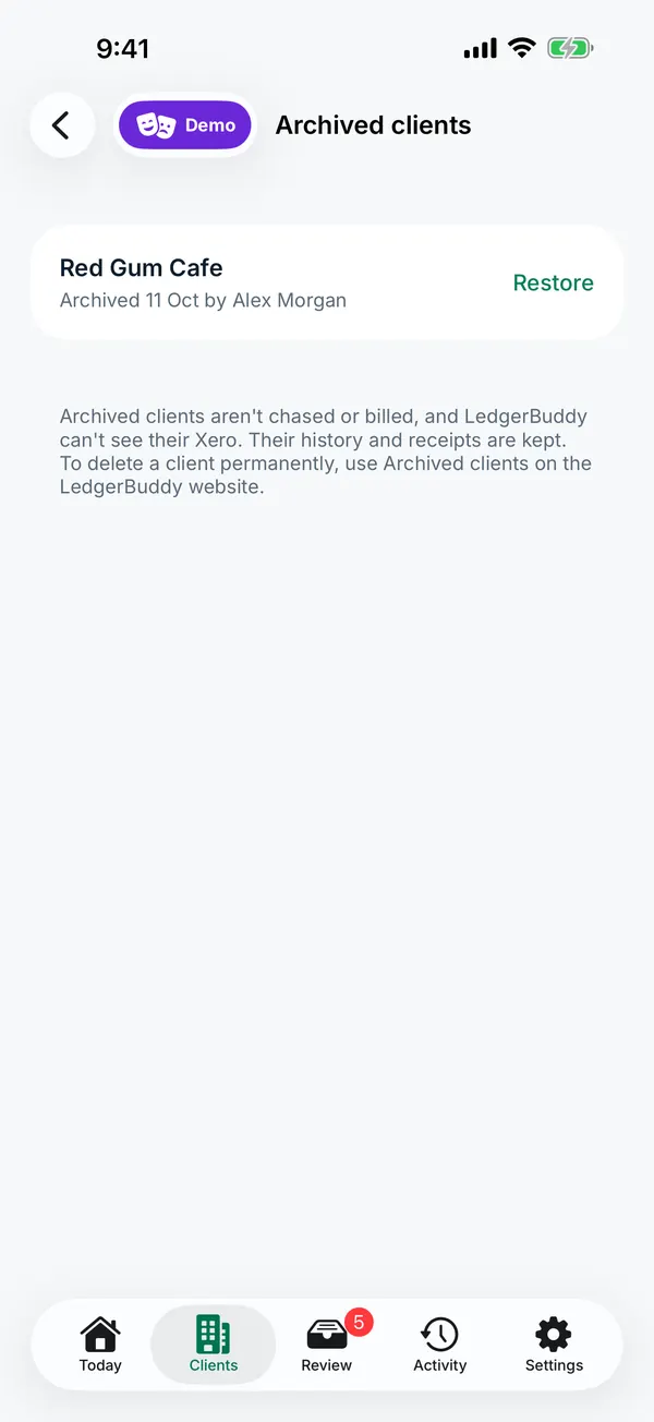 LedgerBuddy for iPhone, Archived clients screen in demo mode with a Restore button. Sample data.